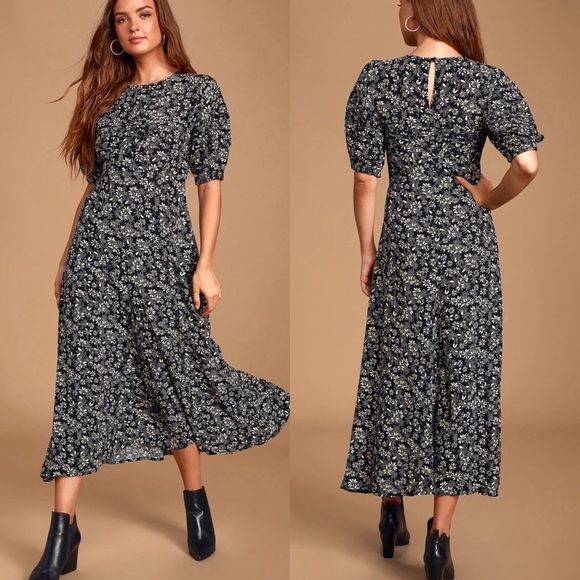 NWT Free People Jessie Puff Sleeve Floral Handkerchief Hem Midi Dress Black - Picture 1 of 6